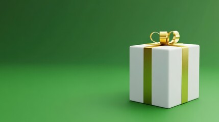 Gift box with gold ribbon on green background