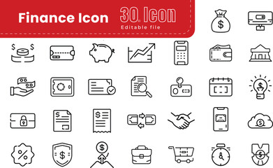Finance line icons set collection. Thin Line editable Stroke. Pixel Perfect. Currency, money, bank, cryptocurrency, check, wallet, piggy, balance
