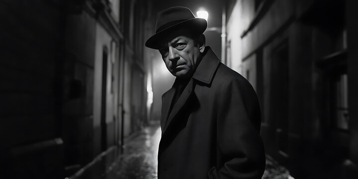 Mysterious man in a dark alleyway, hat and coat, film noir aesthetic. Intense gaze, shadowy figure, vintage look. Urban intrigue, clandestine mood. - Powered by Adobe