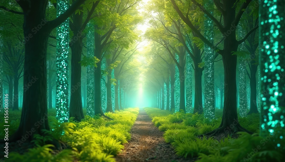 Poster futuristic forest scene, digital data pillars replace trees. glowing green leaves, grass grow with d