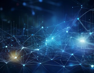 polygonal wireframe neural network and data connection concept on low poly dark blue business background