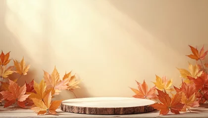 Fototapete Autumn season product display mockup with beige background. Wooden platform with vibrant leaves arrangement. Natural scene suitable for branding. Fall season concept minimal design. © Pete