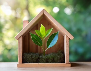 wooden house frame with a growing green plant inside representing sustainable housing green building and eco conscious lifestyle choices for a healthier planet