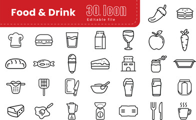Food and Drinks Line Icons set collection. Editable Stroke. Pixel Perfect. For Mobile and Web. menu, drink, icon set, meat, food, delivering, retail, coffee cup, cupcake,