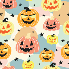 Seamless pattern with colorful cute pumpkins and stars for Halloween on spotted pastel background, flat style illustration