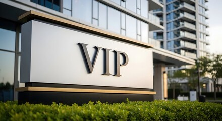 White sign with black VIP letters outside a modern building. Concept of luxury entry access or special service.
