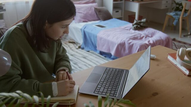 Rotating shot of Caucasian teenage girl as female student doing homework at table in dorm room and using laptop