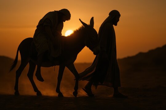 The Good Samaritan walks beside his donkey, guiding the wounded traveler seated gently on its back along a dusty path, golden evening light casting long shadows &mdash; ultra-realistic biblical storytelling