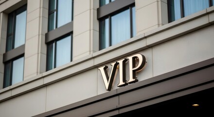 Illuminated VIP sign on a modern building facade. Symbol of exclusivity, luxury, and special access for hotels or events.