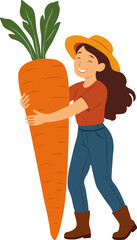 Happy Girl Holding Giant Carrot. Vector illustration. Isolated on white background.