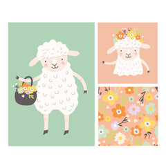 set of illustrations with cute cartoon sheep carrying basket with flowers and floral seamless pattern. vector flat style