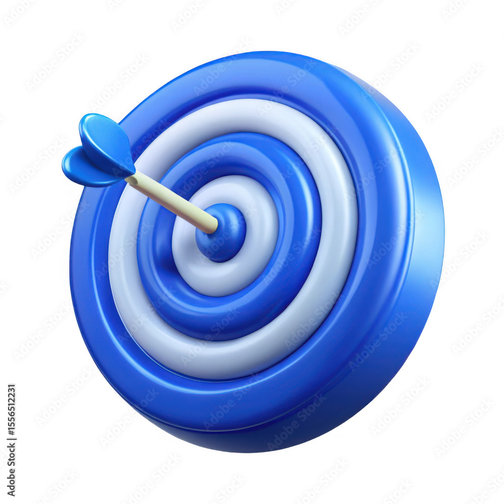 Poster blue and white dartboard with arrow in the bullseye isolated on transparent background
