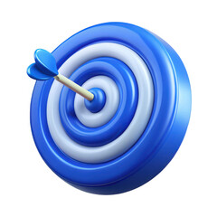 Blue and white dartboard with arrow in the bullseye isolated on transparent background