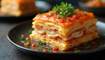 Delicious layered savory pastry with toppings on plate. Mealtime culinary experience. Gourmet dish with cheese filling. Tasty gourmet homemade food on black plate, restaurant menu.