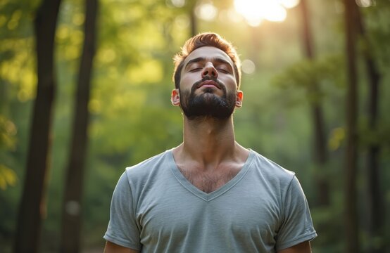 Man meditates, breathes fresh air nature forest. Calm, stillness, beautiful serene landscape. Natural light with closed eyes. Wellness, sanctuary, reset, recharge. Mindfulness, meditation in nature.