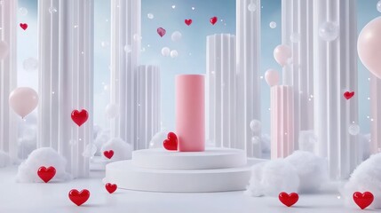 White columns with floating hearts display