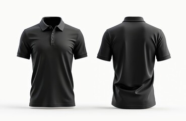 Black polo shirt mockup. Front, back views on white background. Classic clothing design for men. Casual, formal wear, ideal for branding. Product presentation, apparel design, mockup template.