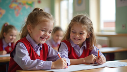 Young primary school students in classroom writing. Cheerful girls with pencils, laughing, enjoying study time. Schoolgirls at desk with books doing schoolwork. Education concept.