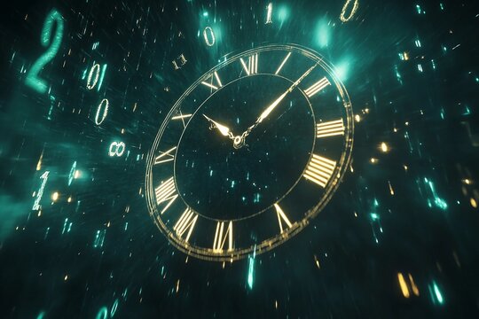 Illuminated clock dial surrounded by radiant digits