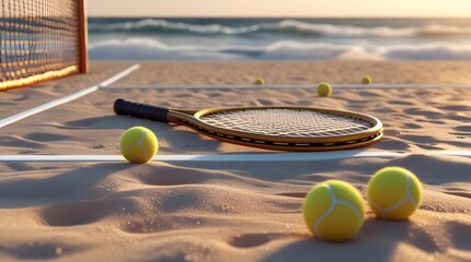 Golden tennis racket and balls on the beach court