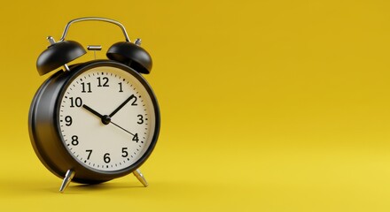 Black alarm clock with white face on yellow background time concept.