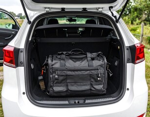 White SUV's cargo area with large black duffel bag