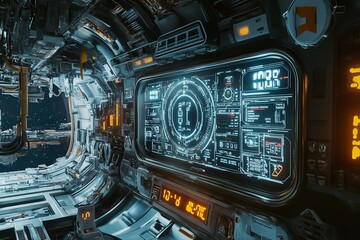 Fototapeta premium Digital clock floating inside futuristic space station