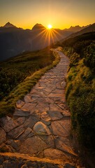 Golden Hour Sunburst Illuminates Rocky Mountain Trail During Ascent