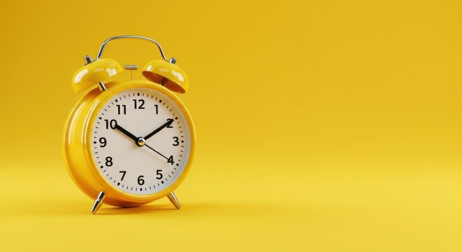Yellow alarm clock on a yellow background indicating time passing or reminder.