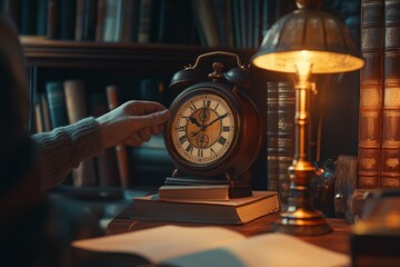 Person winding old mechanical clock
