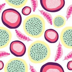colorful tropical fruits and peas hand drawn seamless pattern. pitaya, papaya, pink pea pods hand drawn seamless pattern. It is good for fabric, tiles, textile, wrapping, decoration and more.