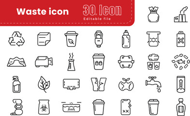 Garbage, waste Thin Line Icon Set. waste items in teal outline style. compost, garbage, landfill, waste, recycling, bin,