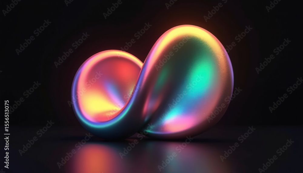 Poster Abstract shape reflects colorful light against black background. Shiny smooth curves create fluid dynamic form. Digital art illustration, futuristic technology concept.