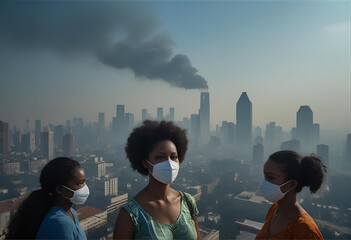 A city skyline covered in smog with people wearing masks. Dark, polluted sky.