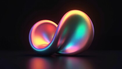 Abstract shape reflects colorful light against black background. Shiny smooth curves create fluid dynamic form. Digital art illustration, futuristic technology concept.