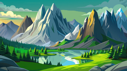 Towering limestone peaks glow silver in the morning mist. Below, green meadows and calm alpine lakes contrast the rugged majesty with soft natural charm.