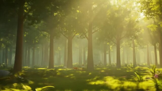 Enchanting forest scene with sunlit meadows and towering trees in idyllic location