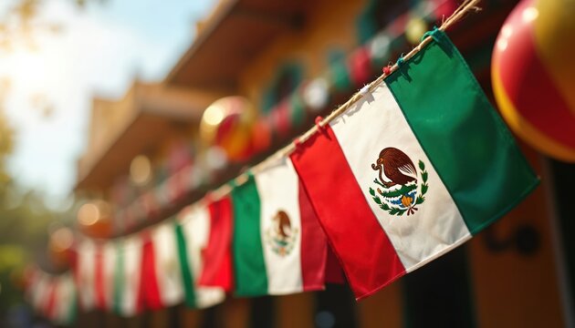 Mexican flags bunting on Cinco de Mayo. Festive decorations in red green white colors symbolize national pride. Holiday party celebration, traditional culture, street event with blurred background. - Powered by Adobe