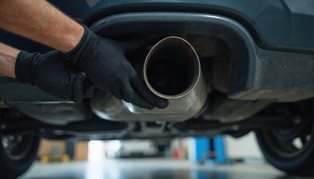 Mechanic, wearing black gloves, inspects car exhaust system. Professional auto repair, maintenance service in garage. Checking muffler, part of vehicle. Repairman examining auto engine system.