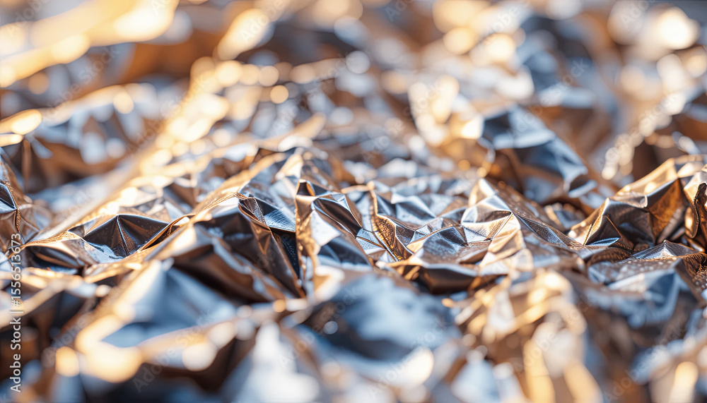 Poster crumpled metallic foil displays a dazzling texture with reflections of light throughout, creating a 