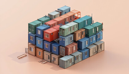 Obraz premium Stacked shipping containers create a vibrant urban installation, illustrating innovative design and repurposing of materials. This unique structure highlights creativity in space utilization