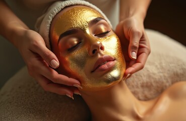 Close-up of woman face with gold facial mask, hands gently touch skin. Spa treatment for rejuvenation, skincare. Beauty procedure in salon for relaxation, therapy.