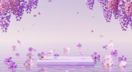 Purple flowers cascade around a platform with a reflective surface and soft background.