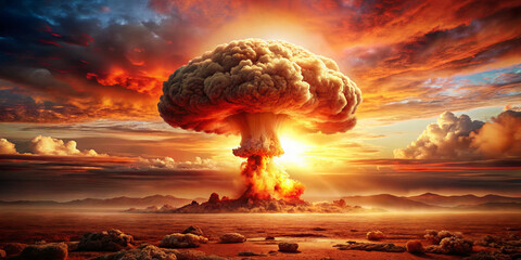 A powerful explosion creates a massive mushroom cloud above a barren terrain, casting dramatic shadows. Fiery colors fill the sky as the sun sets behind distant mountains