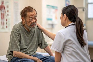 Fototapeta premium Compassionate Doctor Comforts Elderly Patient During Medical Examination.