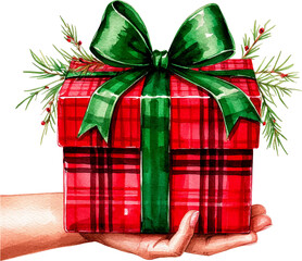 Gift box in hand.Christmas red tartan gift box with green bow watercolor clipart png drawing.Present in female hand.Surprise in arm.Greeting New Year Card.Winter pine branches,red berries