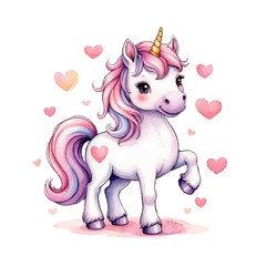 Cute horse pony unicorn watercolor clipart vector drawing.Illustration for girls.Sticker for kids.Sweet girly wallpaper.Baby nursery background.Light pastel pink colors.Canvas wall art.Print.Sticker
