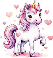Pink horse pony unicorn with hearts.Cute kawaii clipart png watercolor drawing illustration for girls.