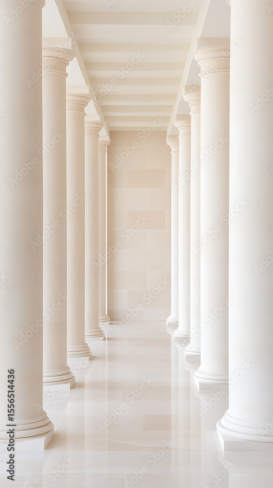 Poster row of classical columns in a light-filled hallway, creating an elegant and symmetrical architectura