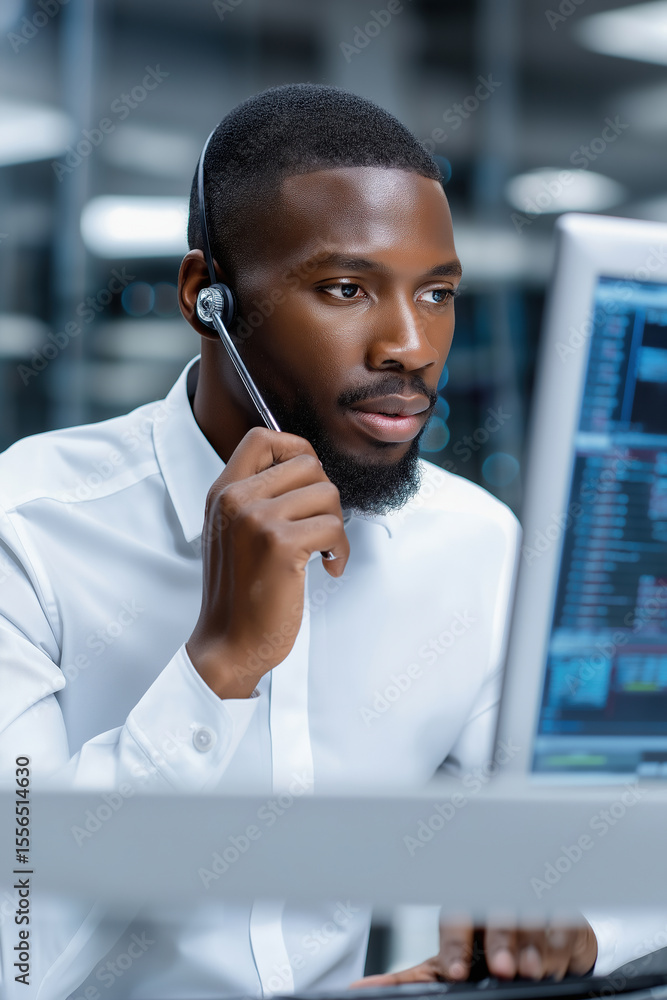Poster professional man using headset while working on computer in modern office
